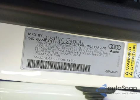 2007 Audi S4 из США, поврежденный, VIN WUARL48H27K901310